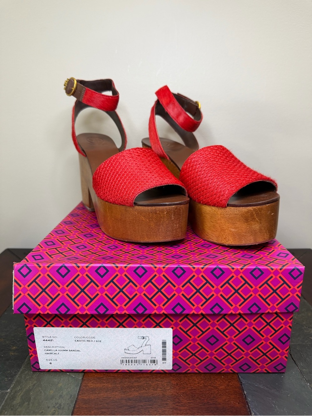 Tory Burch Camilla Exotic Red Woven Platform Slingback Sandals